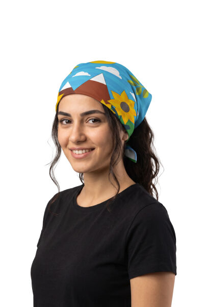 Günebakan Tarlası - Ayçiçek Desenli 50x50 cm Kare Bandana Fular